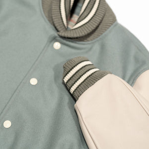 Dehen 1920 Varsity Jacket - Reef Wool / Milk Leather. close up of sleeve detail
