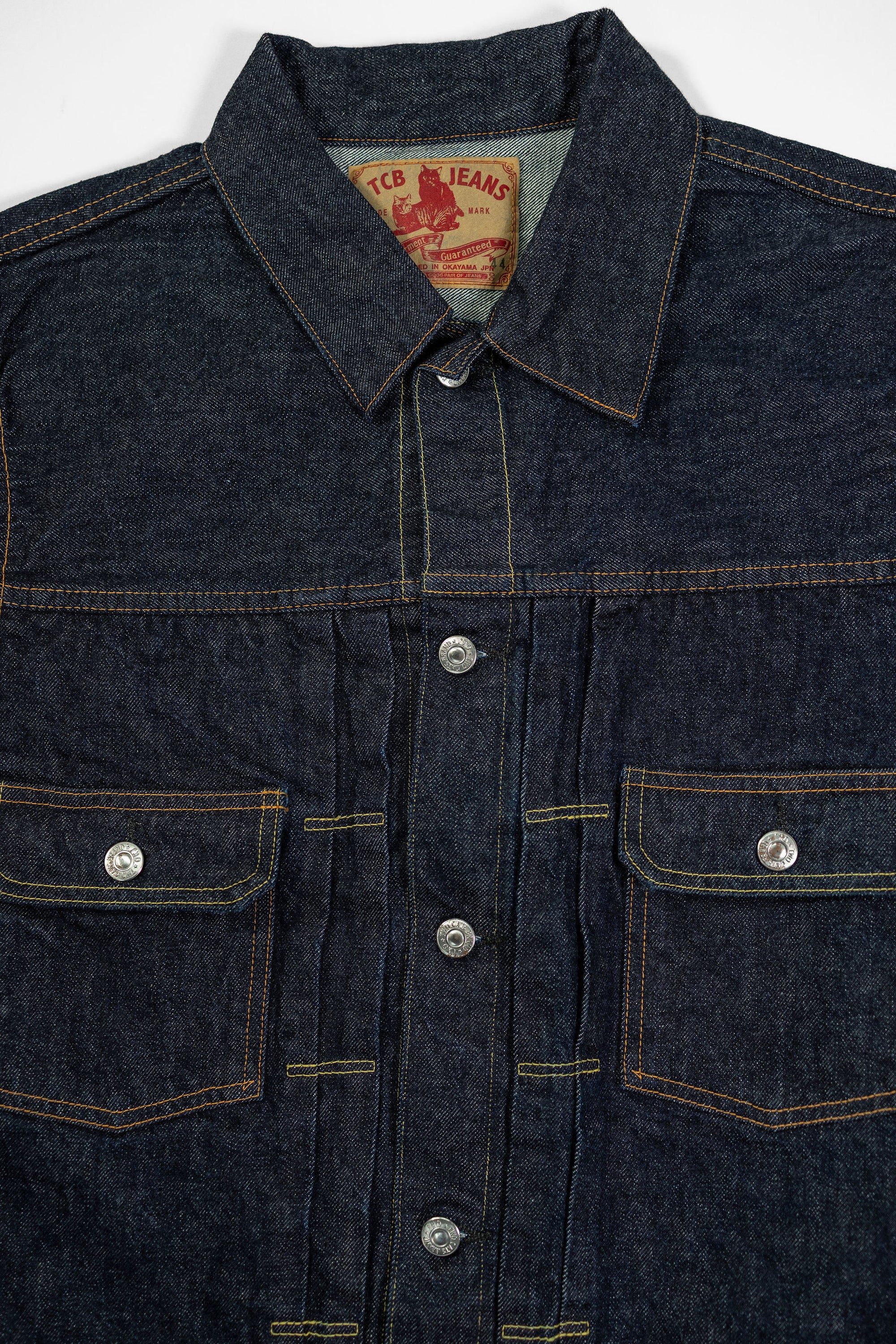 TCB Jeans 50's Type II Jacket - One-Wash. close up of front detail