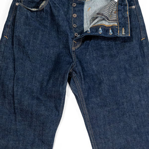 Freenote Cloth Modesto - 14oz 50's Denim Rinsed. laid on back with button fly open