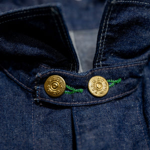 TCB Jeans Cat Head Jacket - Indigo Denim. close up of front collar buttons