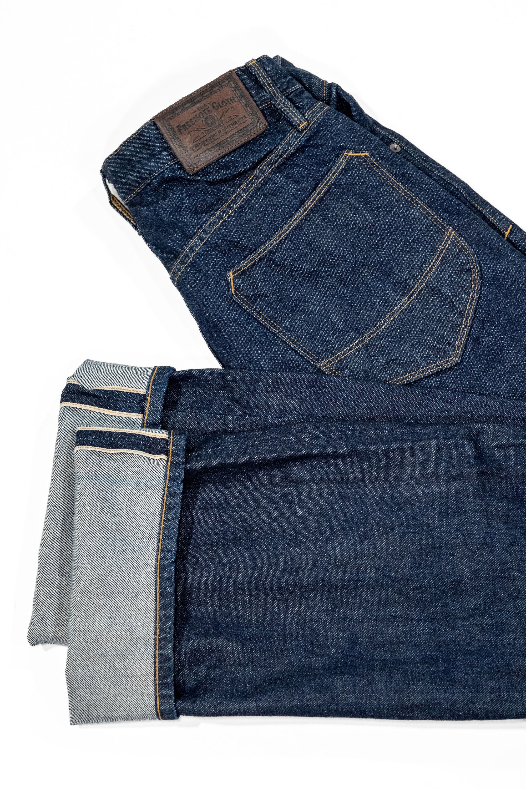 Freenote Cloth Modesto - 14oz 50's Denim Rinsed.  laid on side with cuff showing