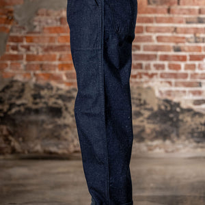 TCB Jeans Seamens Trousers - 10oz Neppy Denim Indigo One Wash. on model side profile