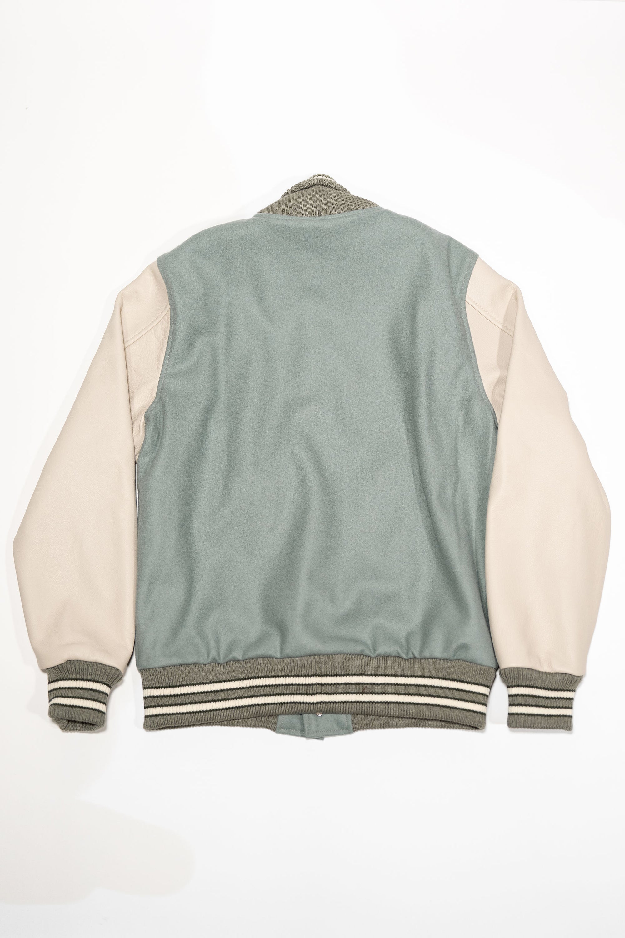 Dehen 1920 Varsity Jacket - Reef Wool / Milk Leather. laid on face