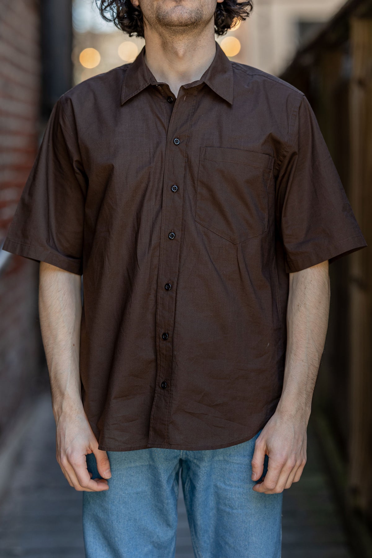 Hansen Garments Reidar Short Sleeve Shirt - Chocolate - model shot - front facing
