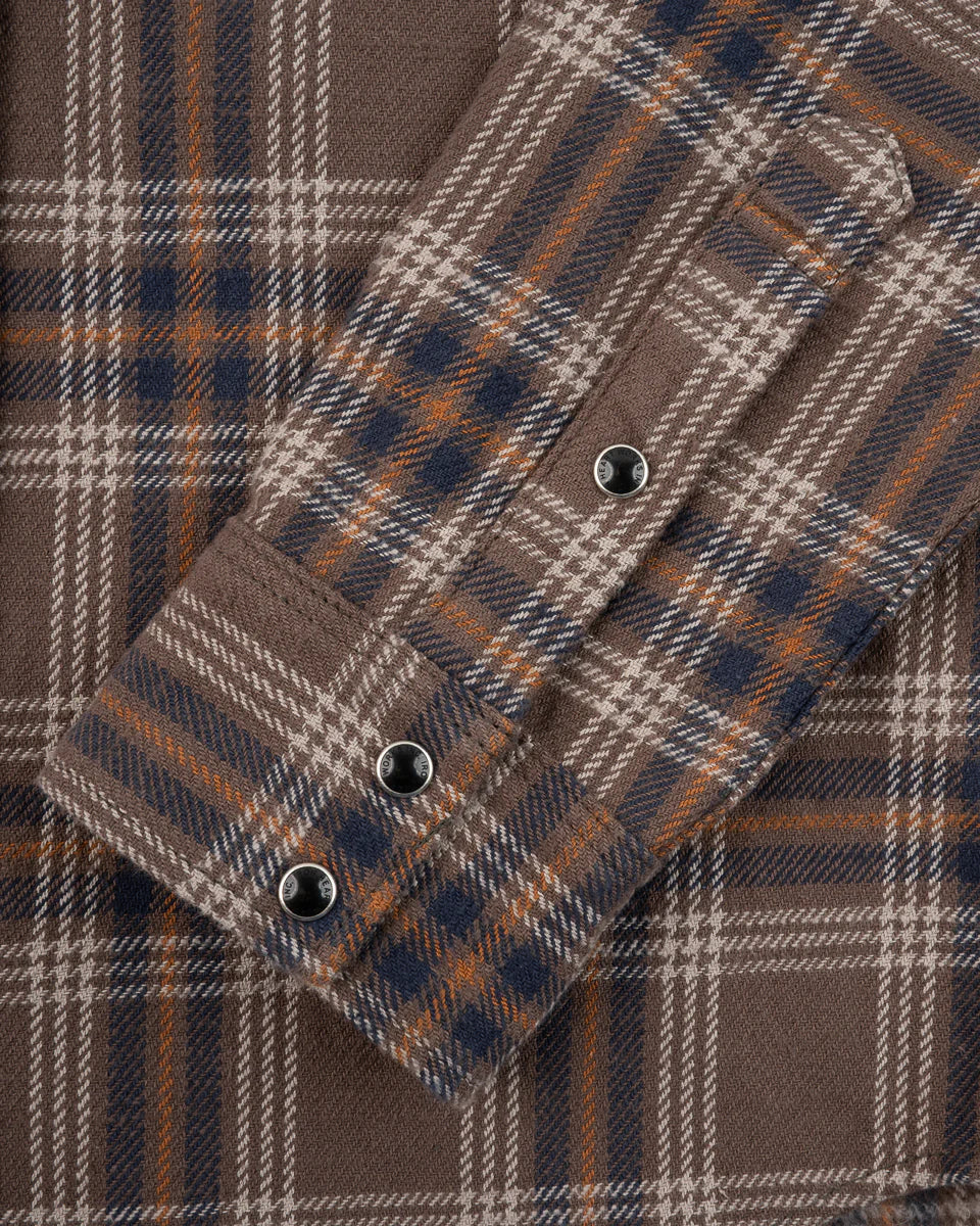 Iron Heart IHSH-431-BRN Slubby Heavy Flannel Check Western Shirt - Brown