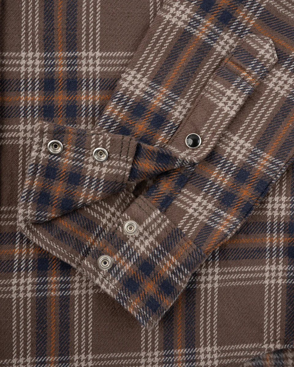 Iron Heart IHSH-431-BRN Slubby Heavy Flannel Check Western Shirt - Brown