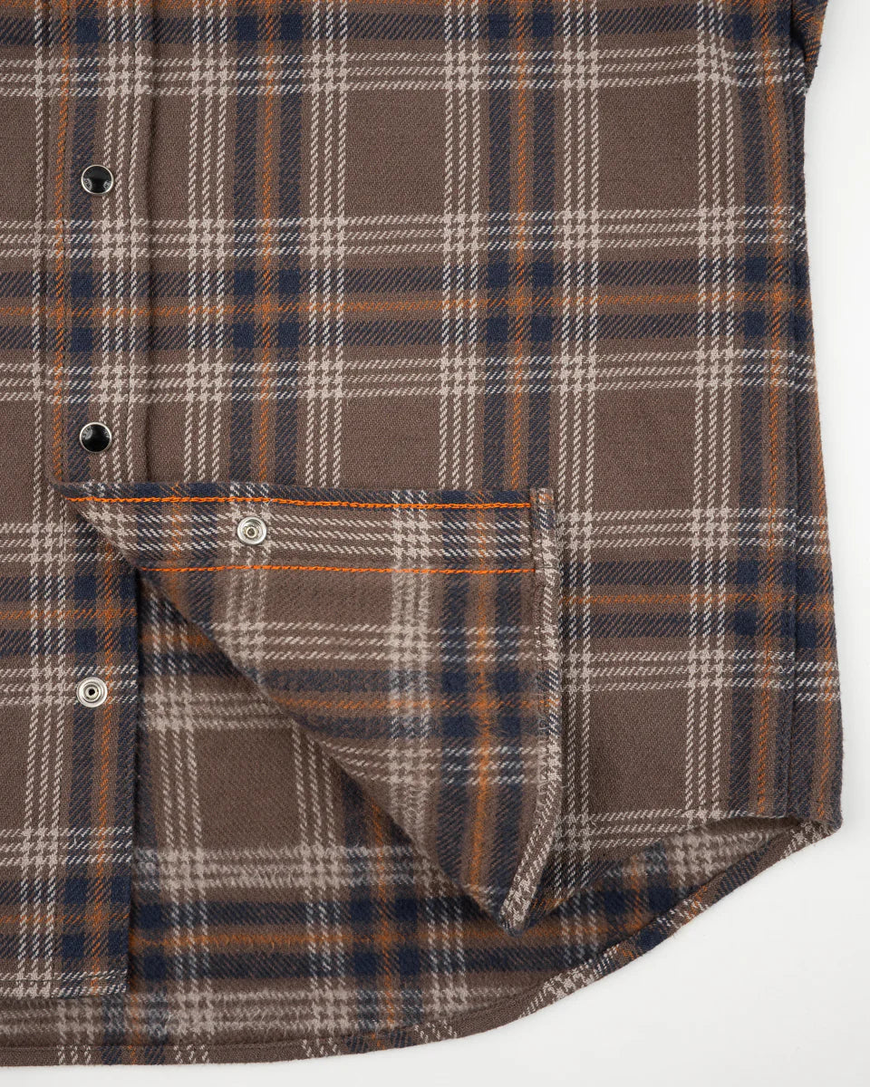 Iron Heart IHSH-431-BRN Slubby Heavy Flannel Check Western Shirt - Brown