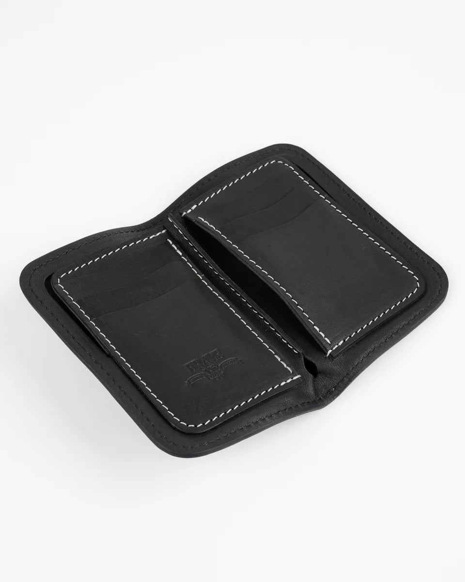 Obbi Good Label Brave Horsehide Mid Wallet - Black - Inside with pocket under card slots open on white background