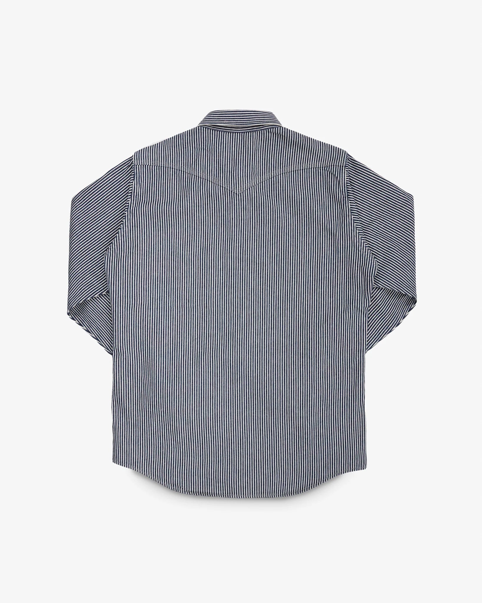 Western style shirt with indigo and white thin vertical stripes back view laying flat