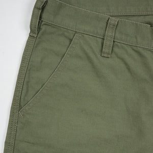 Olive pants front view laying flat closeup on pocket