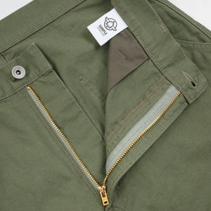 Olive pants front view laying flat closeup on open zipper