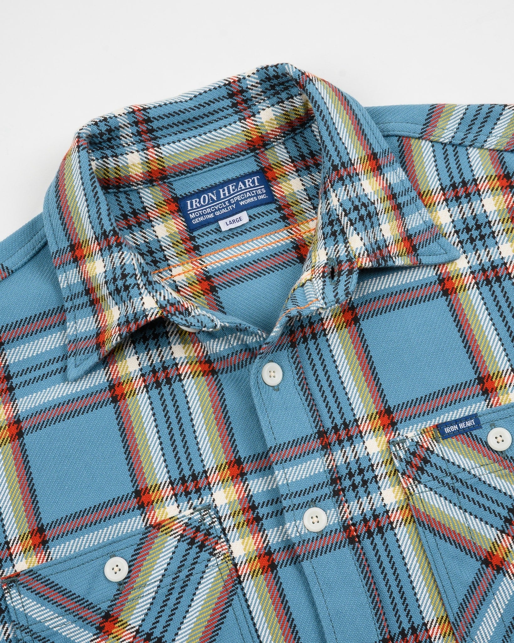 Iron Heart IHSH-442-SAX 9oz Selvedge Flannel Check Work Shirt - Sax Blue