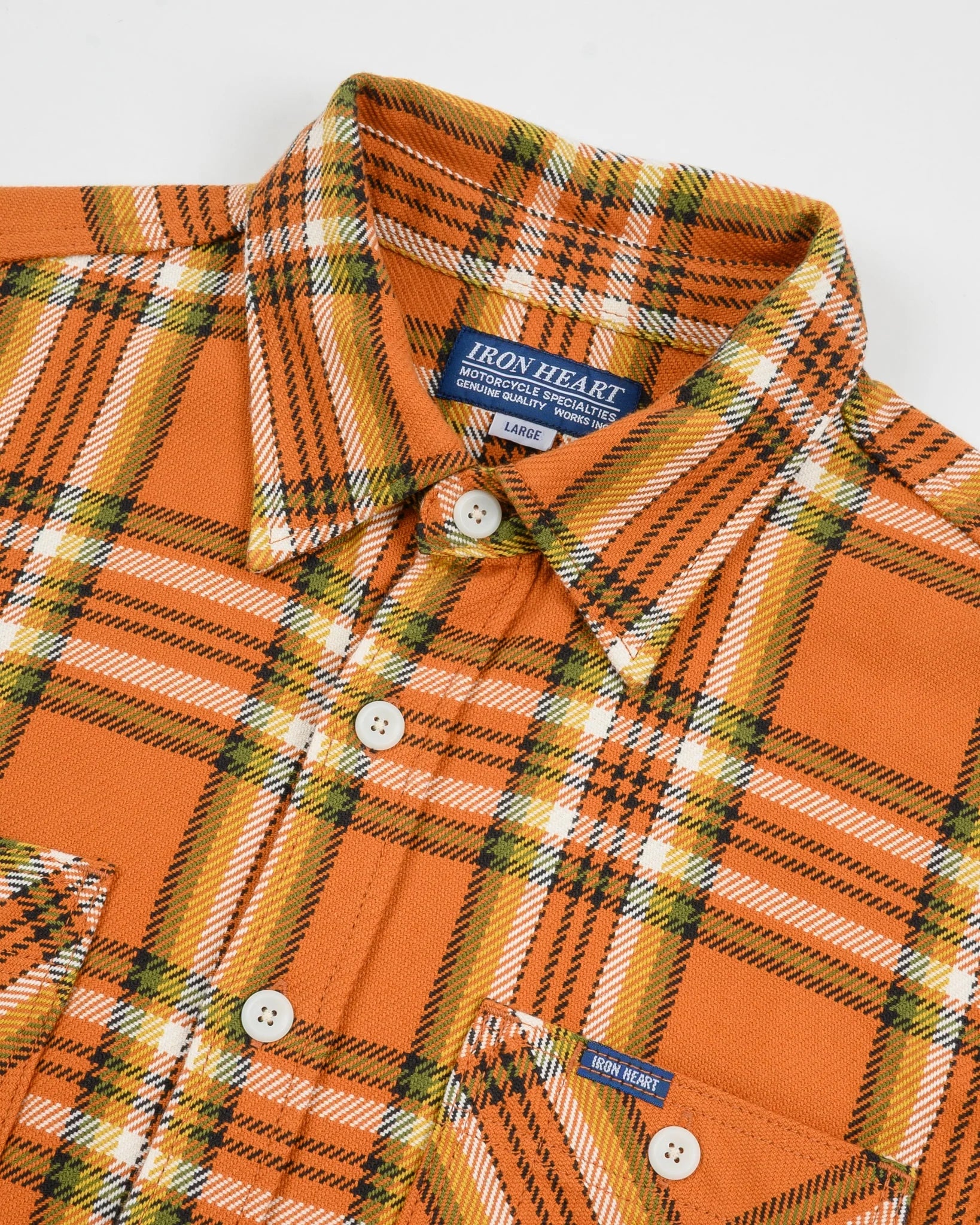Iron Heart IHSH-442-ORA 9oz Selvedge Flannel Check Work Shirt - Orange
