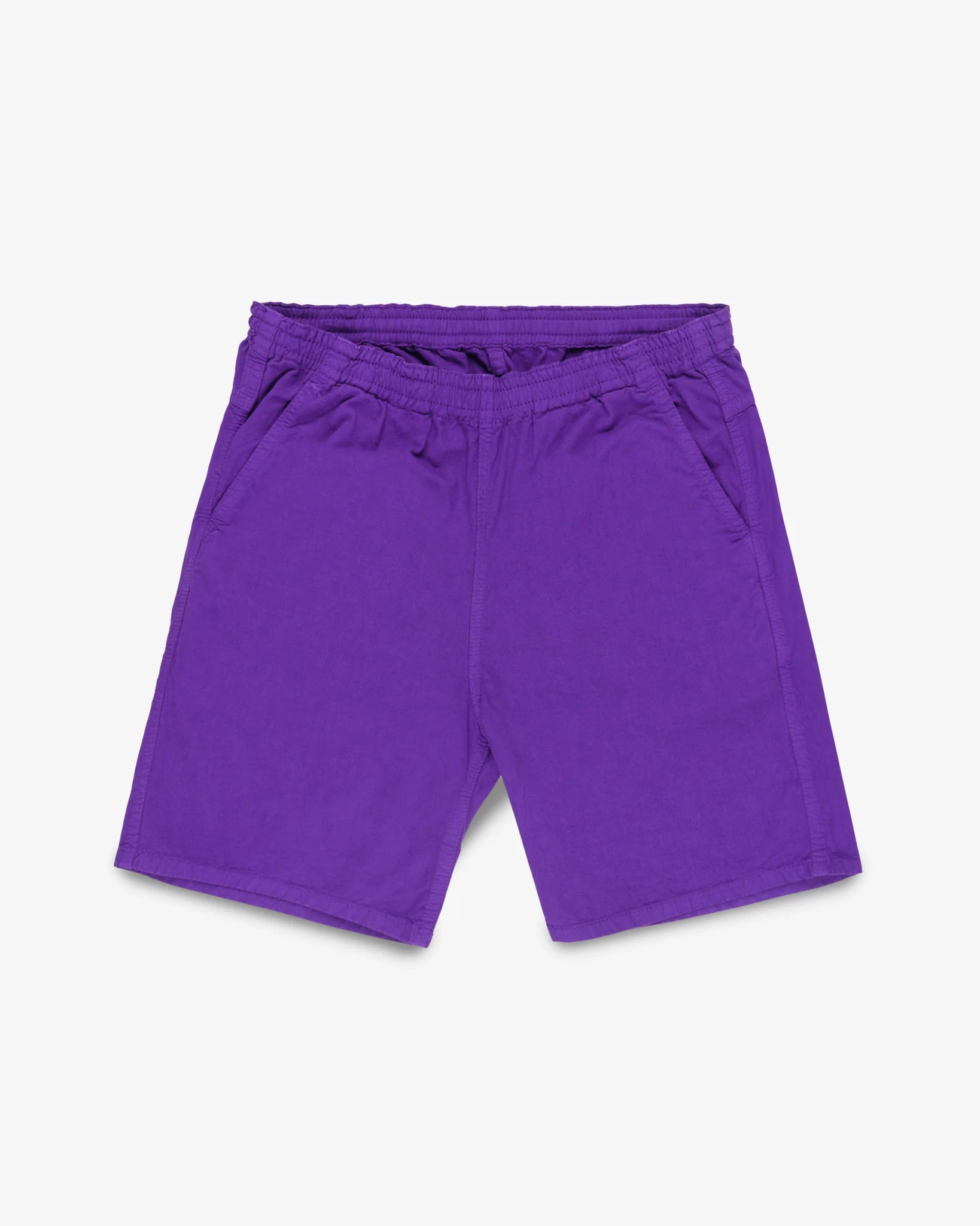 Purple mid length shorts front view laying flat