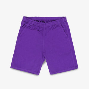 Purple mid length shorts front view laying flat