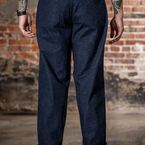 TCB Jeans Seamens Trousers - 10oz Neppy Denim Indigo One Wash. on model back profile