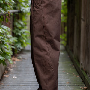 Hansen Garments Bobby Wide Pleated Trousers - Chestnut - model shot - side facing - foliage alleyway background