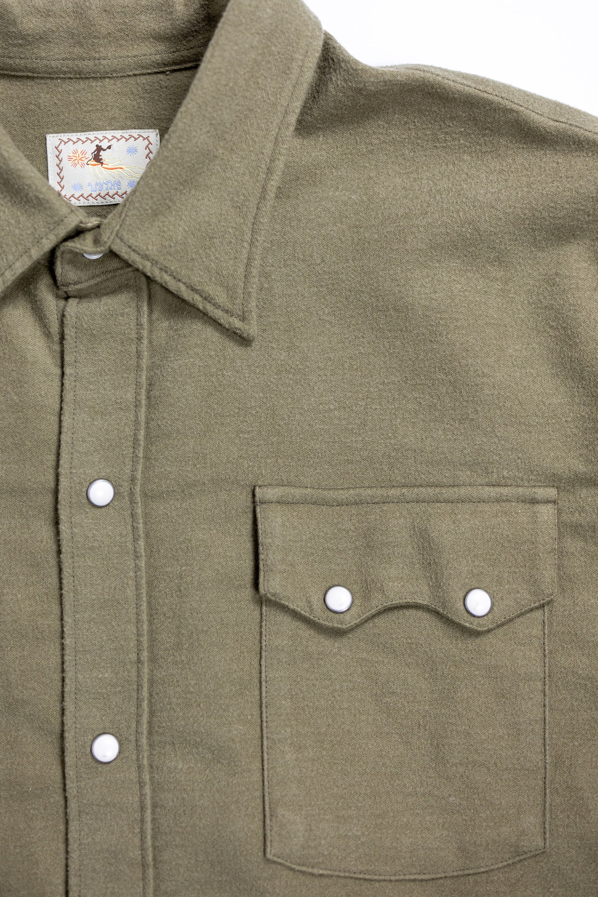 Wythe Moleskin Pearlsnap Shirt - Olive - Pocket detail