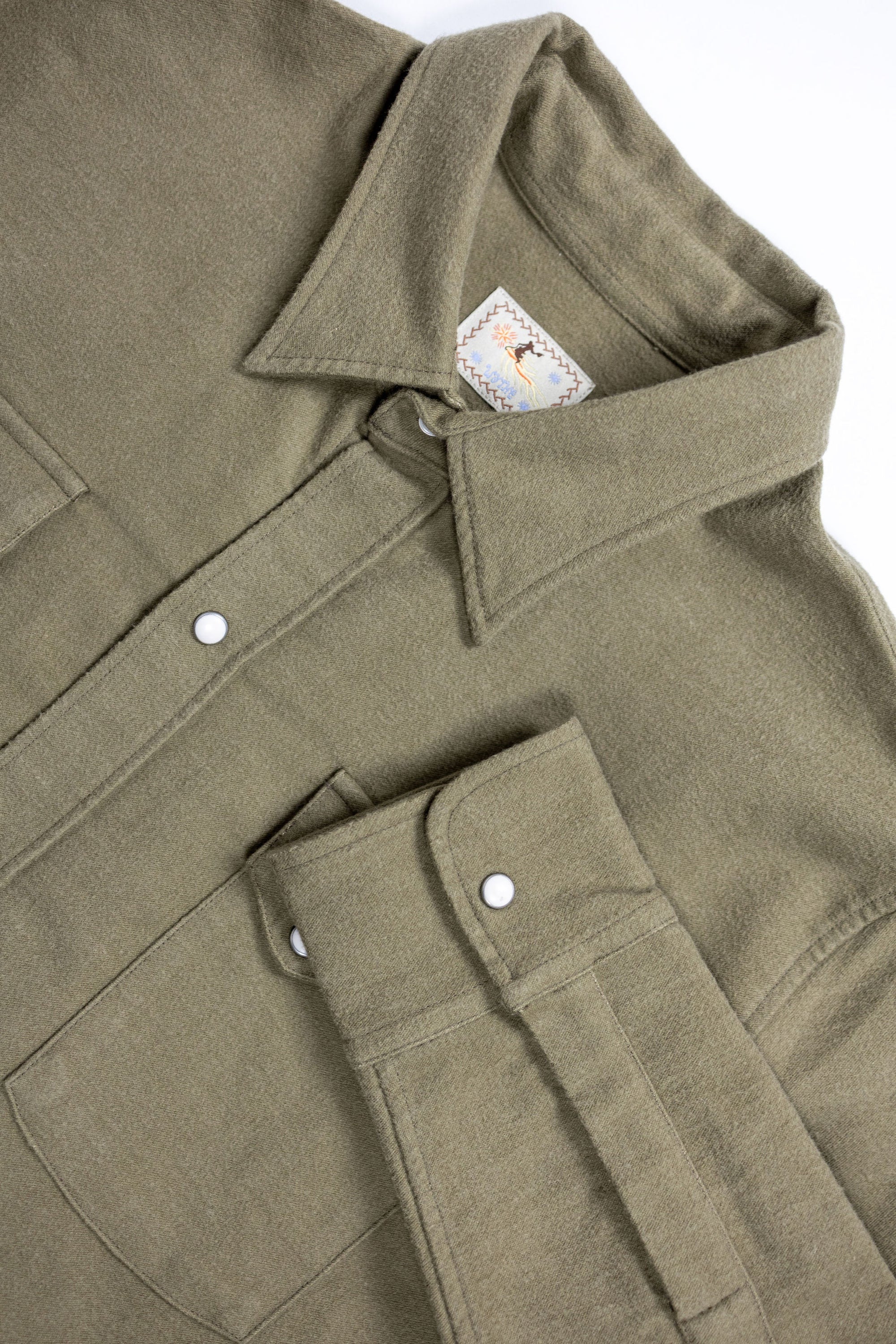 Wythe Moleskin Pearlsnap Shirt - Olive - Front Details