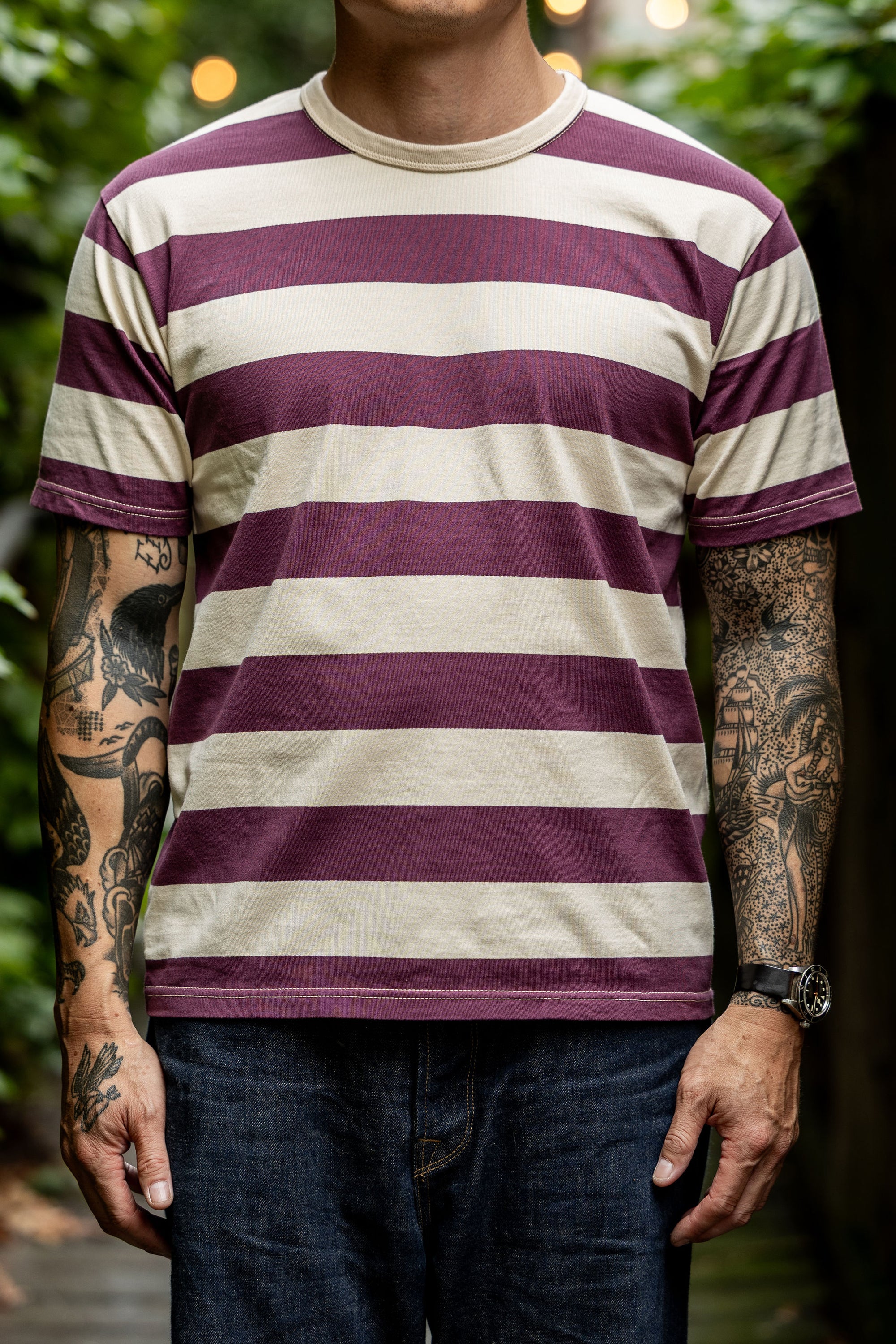 The Flat Head FN-THB-002 Border T-Shirt - Ivory/Purple