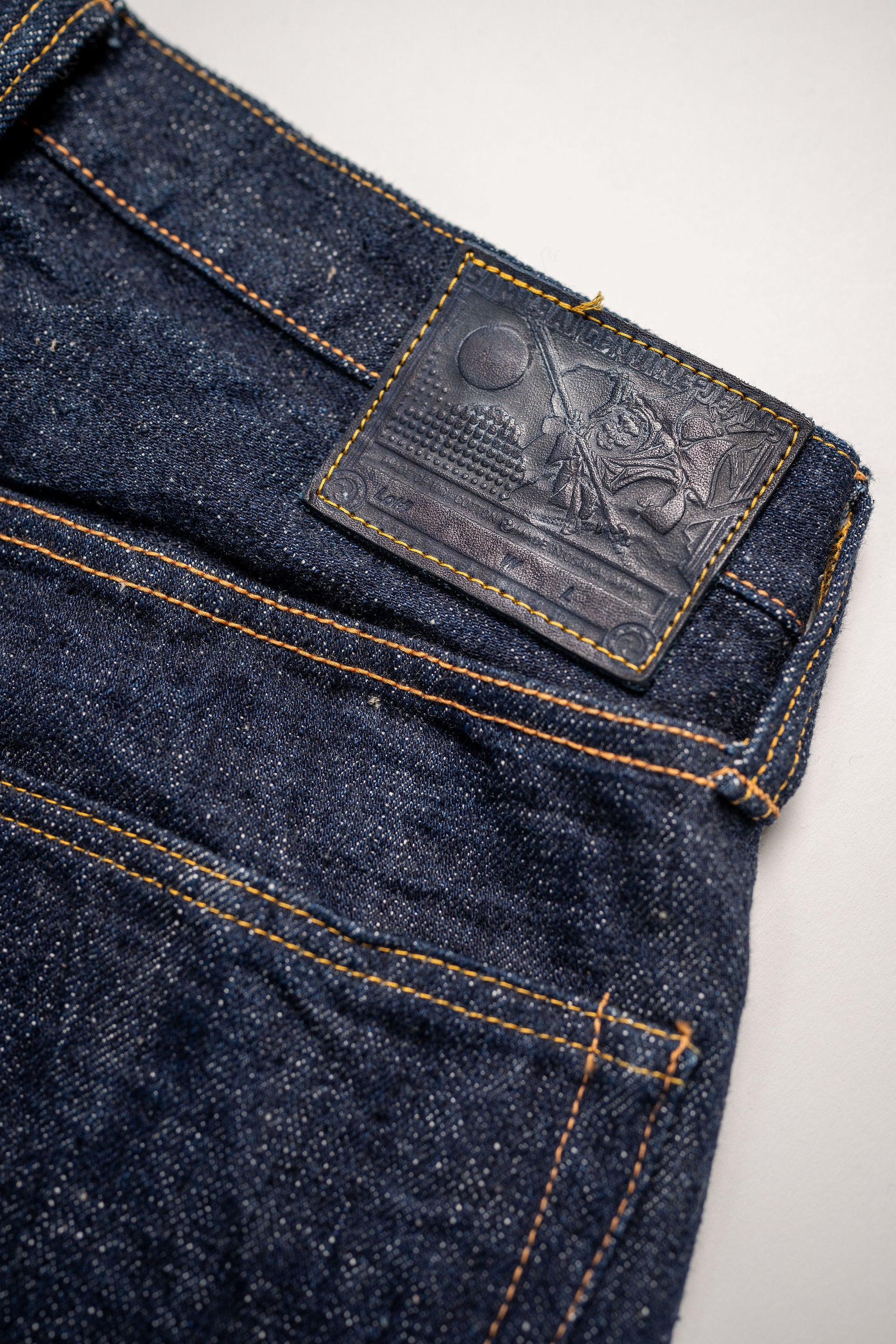 Samurai S211AX Ai Benkei - 18oz Natural Indigo Relaxed Tapered Denim - back patch detail