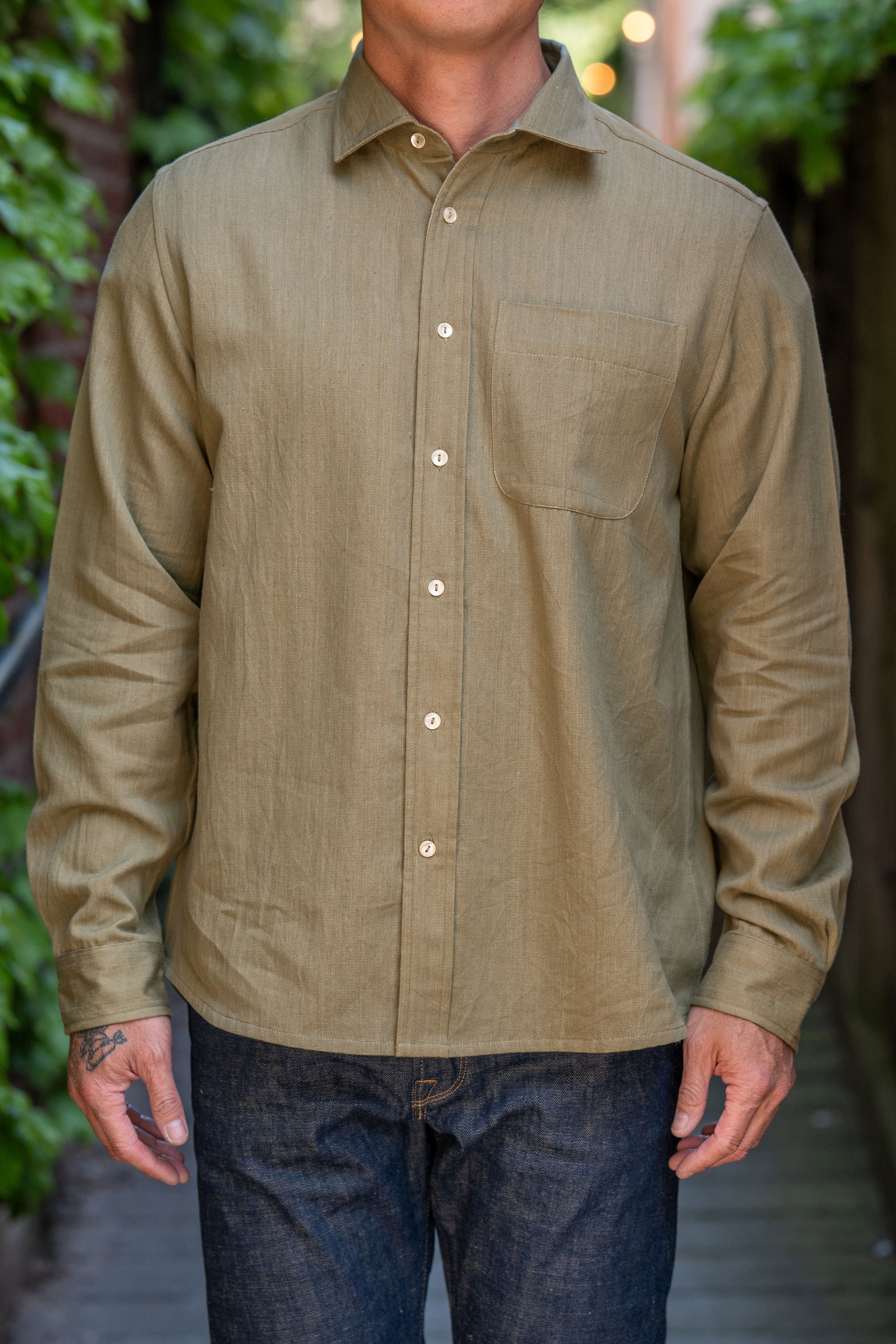 Indi + Ash Matty Shirt Lightweight Handwoven Denim - Myrobalan Green