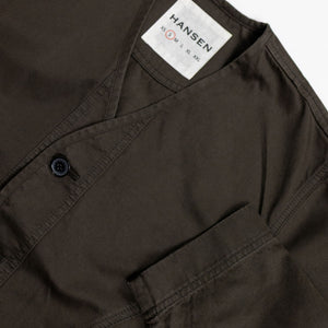 Hansen Garments Bernard Flight Jacket - Coffee Drill - product shot - white background - close up on collar, sleeve, and button