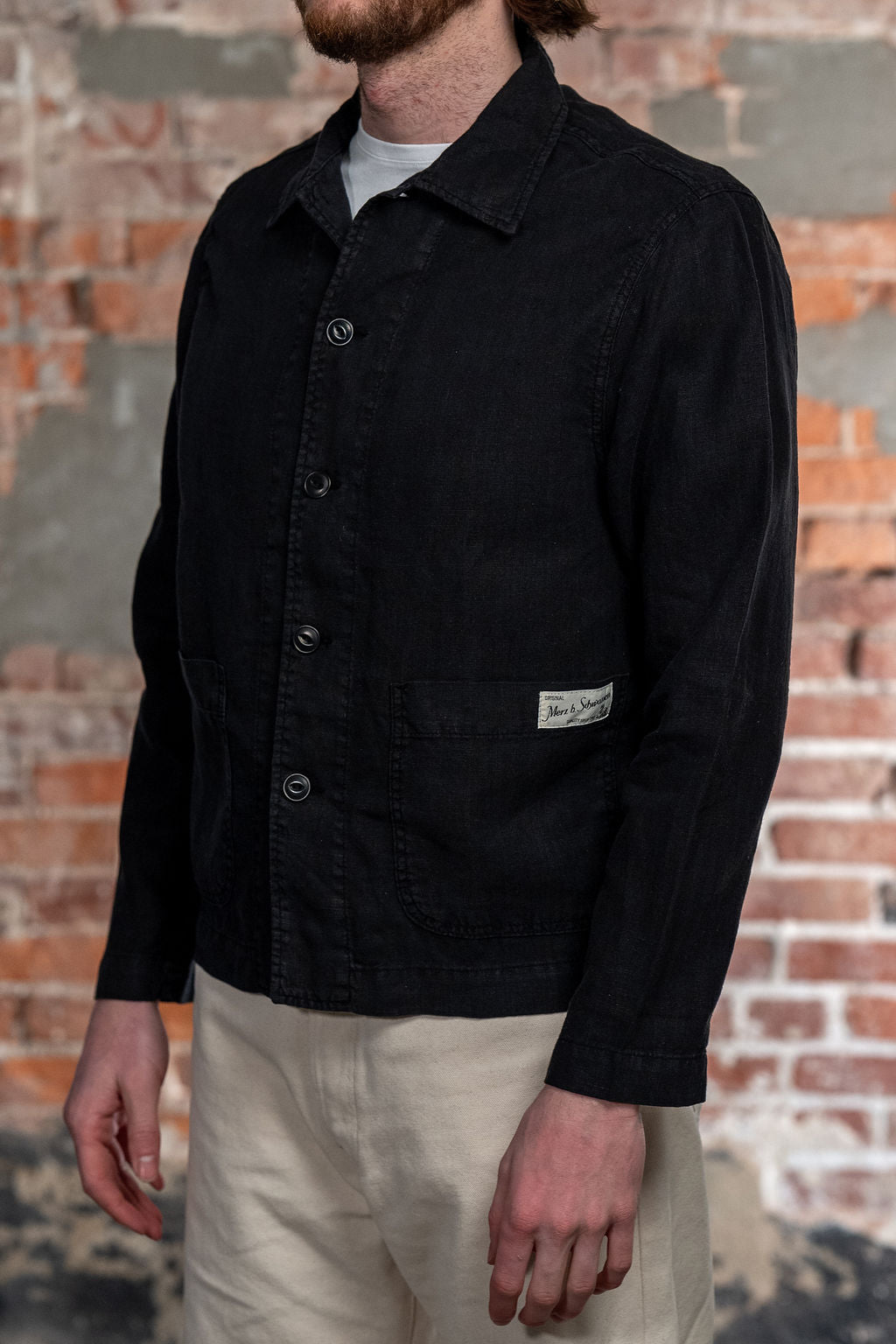 Merz b. Schwanen JKT08LI Linen Cropped Worker's Jacket - Deep Black