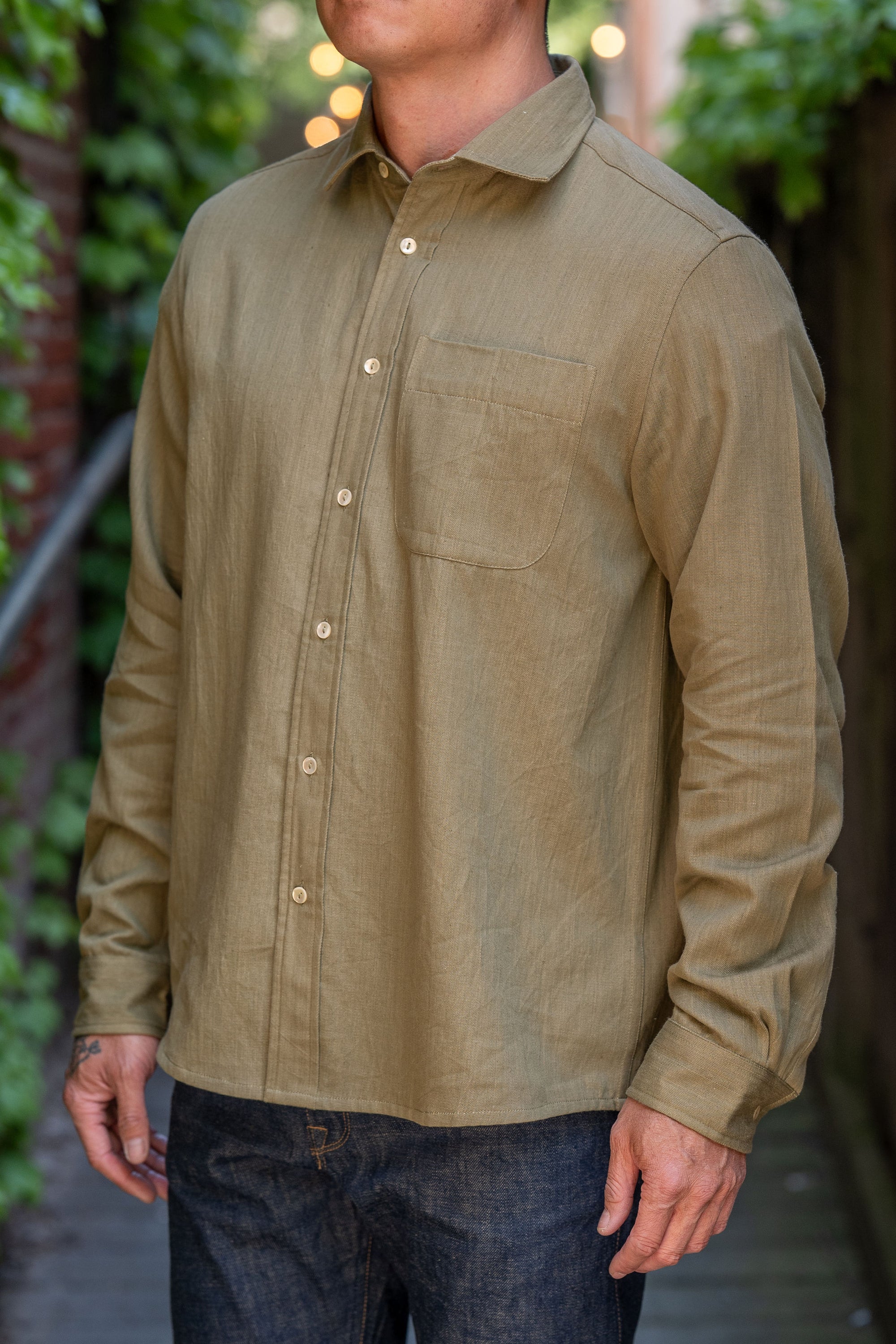 Indi + Ash Matty Shirt Lightweight Handwoven Denim - Myrobalan Green