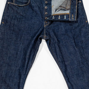 Freenote Cloth Belford - 14oz 50's Denim Rinsed. laid on back with front button fly open