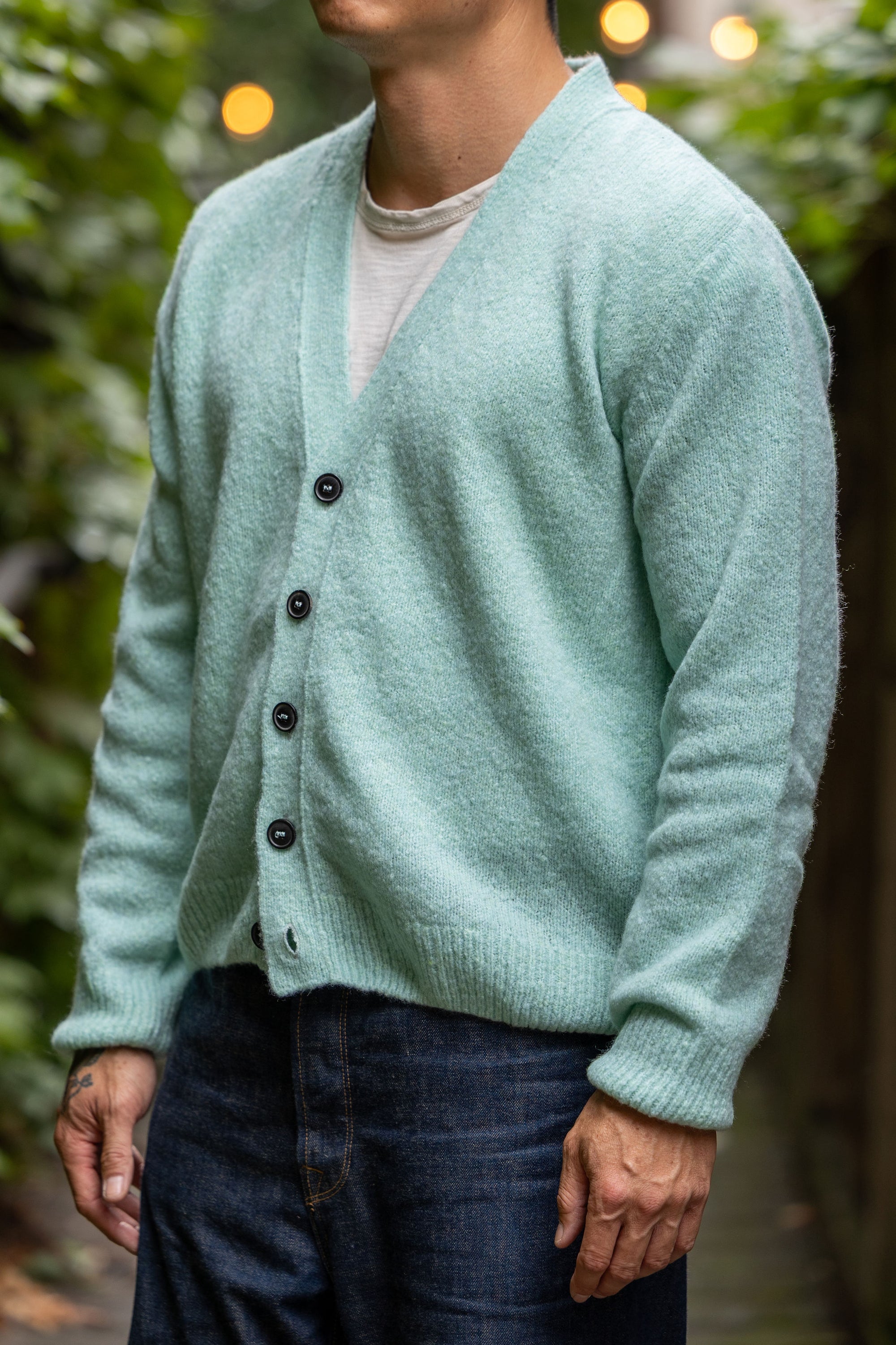 Hansen Garments Leander Classic Cardigan - Mint - model shot - side facing