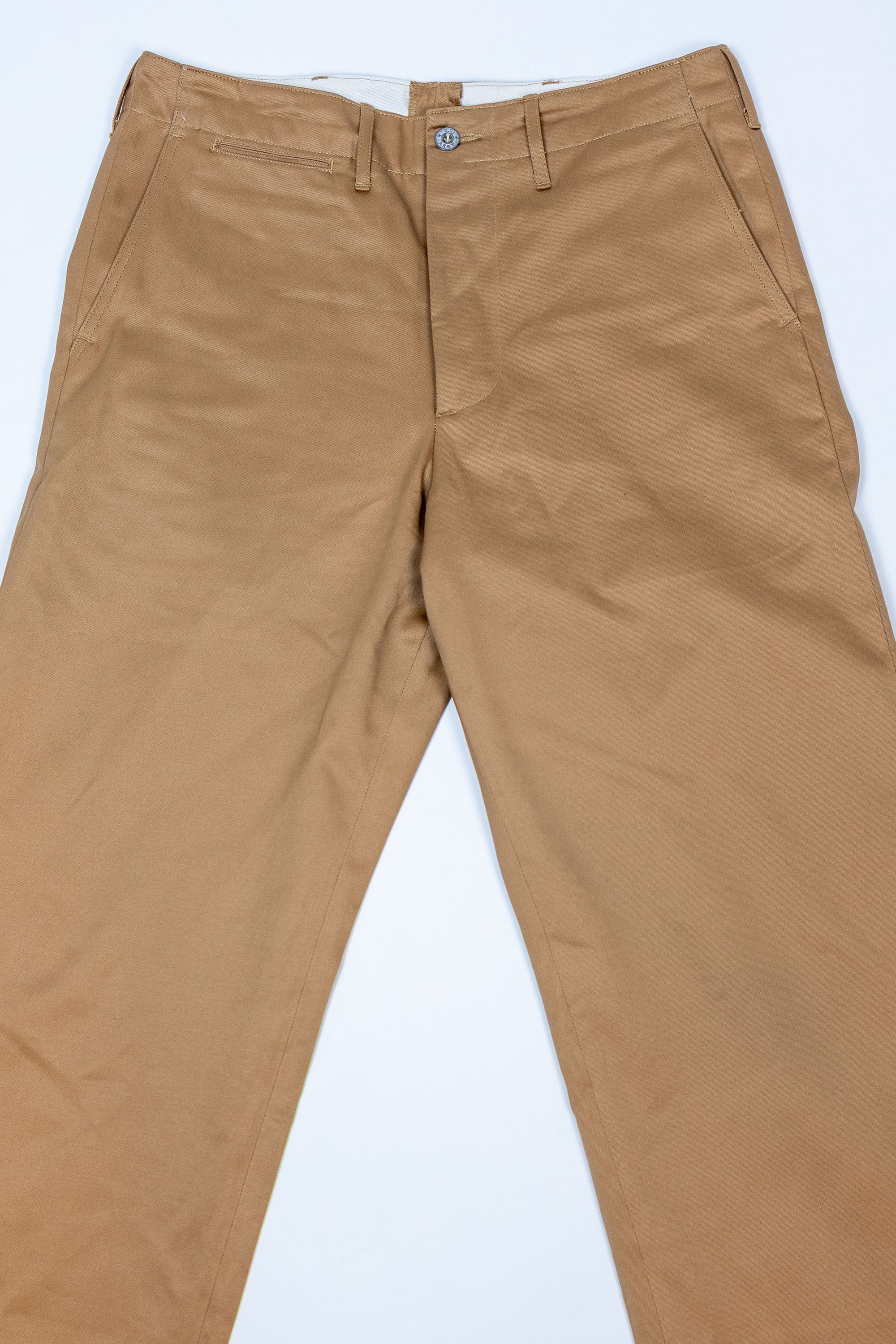 Buzz Rickson's M43035 Early Military Chinos 1945 Model in Camel - Laying flat, front view