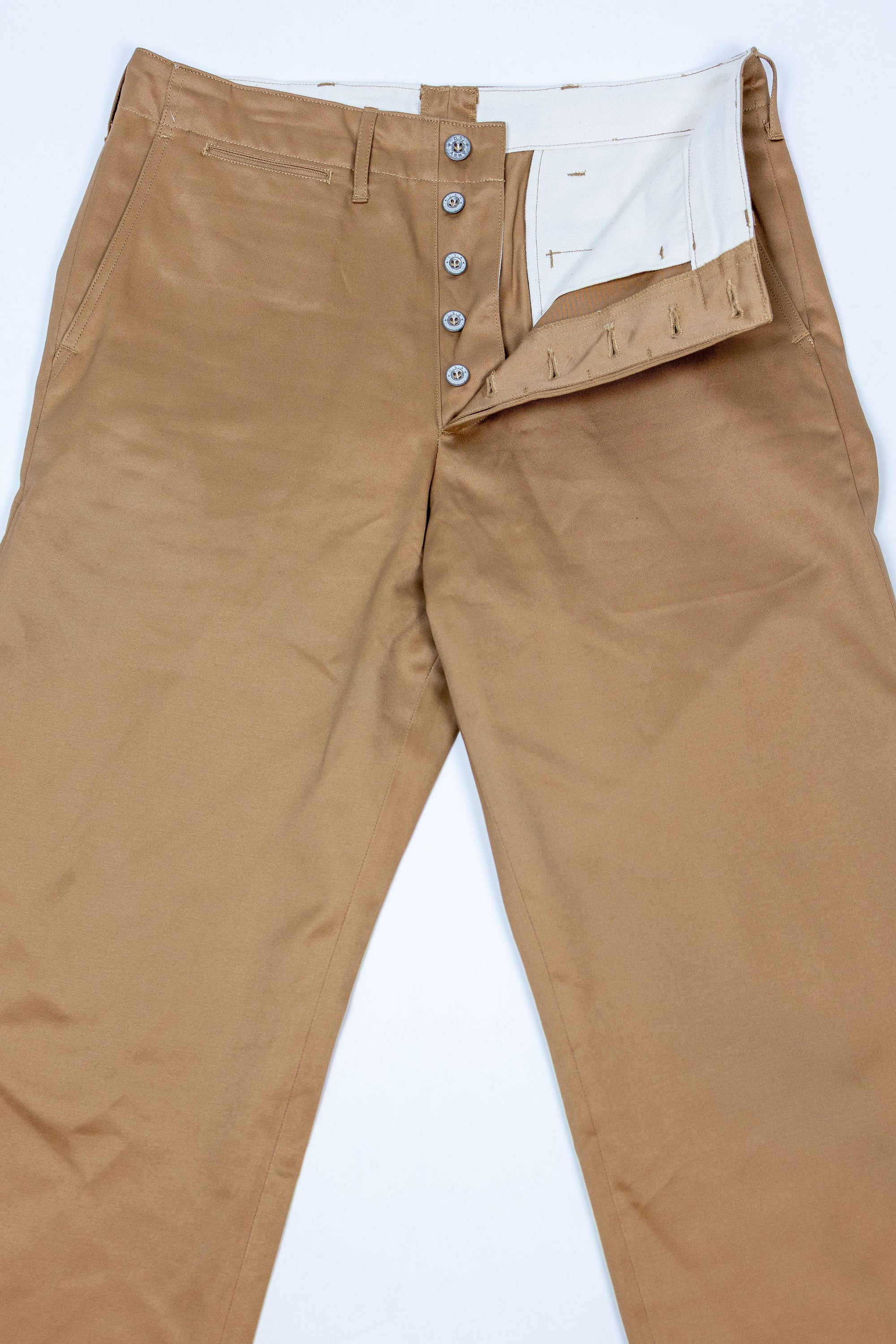 Buzz Rickson's M43035 Early Military Chinos 1945 Model in Camel - Laying flat, front view with button-fly open