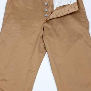 Buzz Rickson's M43035 Early Military Chinos 1945 Model in Camel - Laying flat, front view with button-fly open