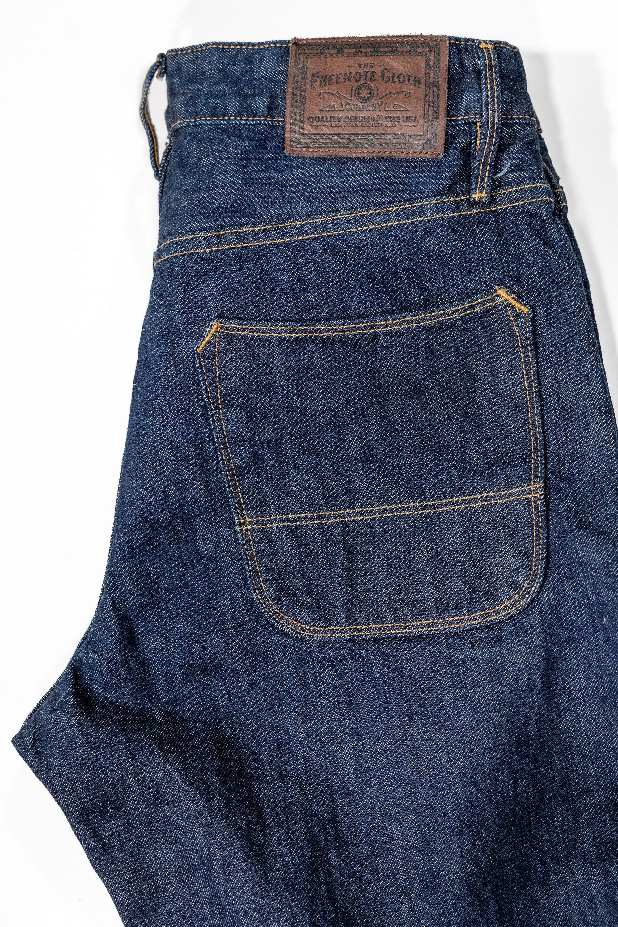 Freenote Cloth Belford - 14oz 50's Denim Rinsed. laid on side showing back pocket