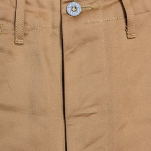 Buzz Rickson's M43035 Early Military Chinos 1945 Model in Camel - Laying flat, front view close-up