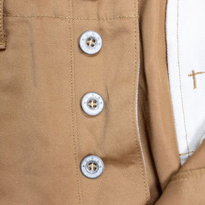 Buzz Rickson's M43035 Early Military Chinos 1945 Model in Camel - Laying flat, close up on buttons