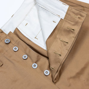 Buzz Rickson's M43035 Early Military Chinos 1945 Model in Camel - Laying flat, close-up on buttons and inner waistband