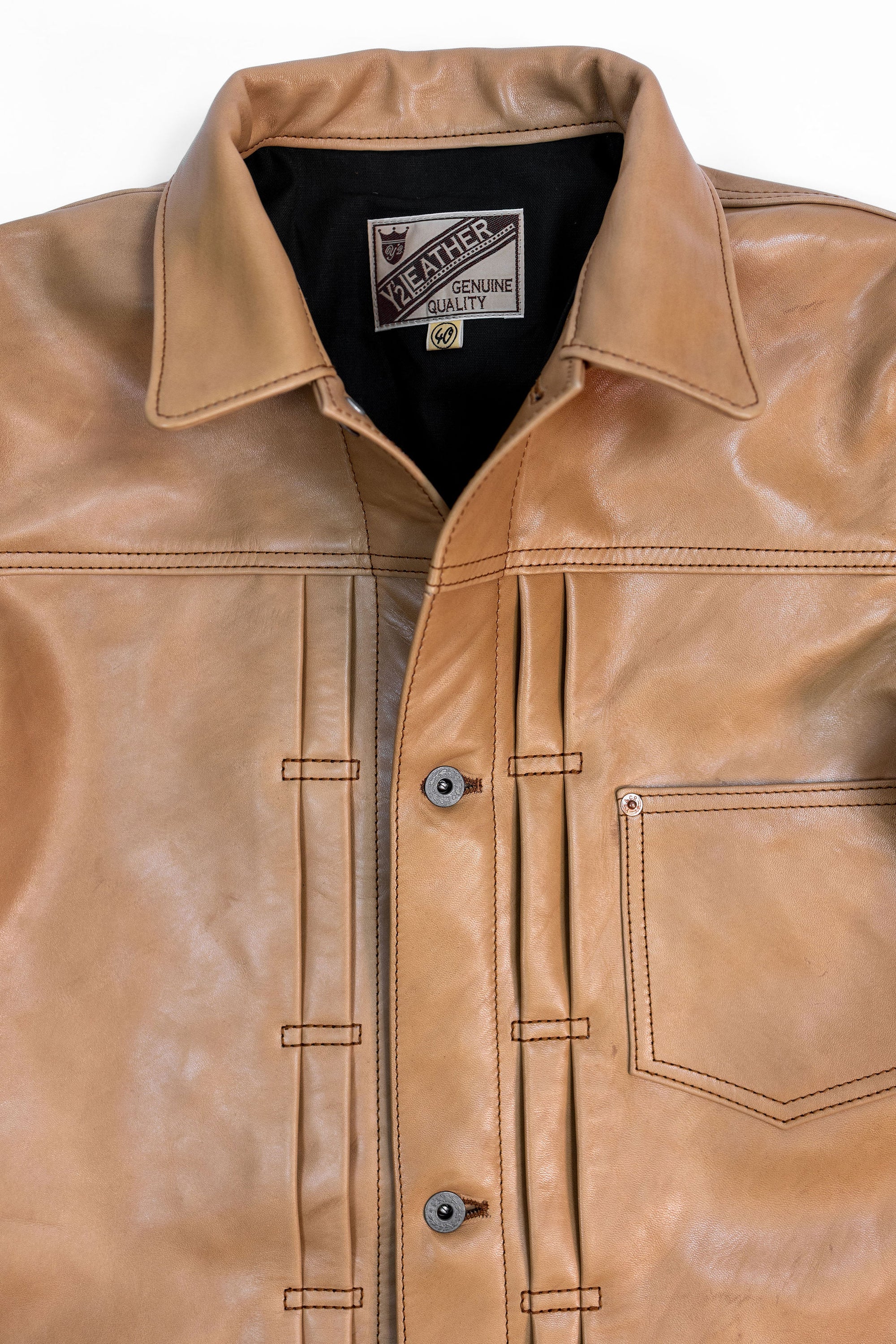 Y'2 persimmon Dyed Leather Jacket- detail of front