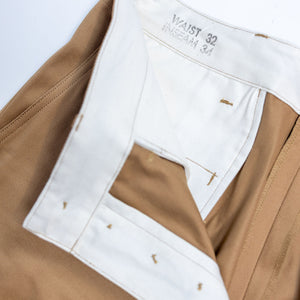 Buzz Rickson's M43035 Early Military Chinos 1945 Model in Camel - Laying flat, close-up on inner waistband