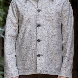Dehen 1920 Chore Coat - Natural & Navy Heather Wool. on model front profile