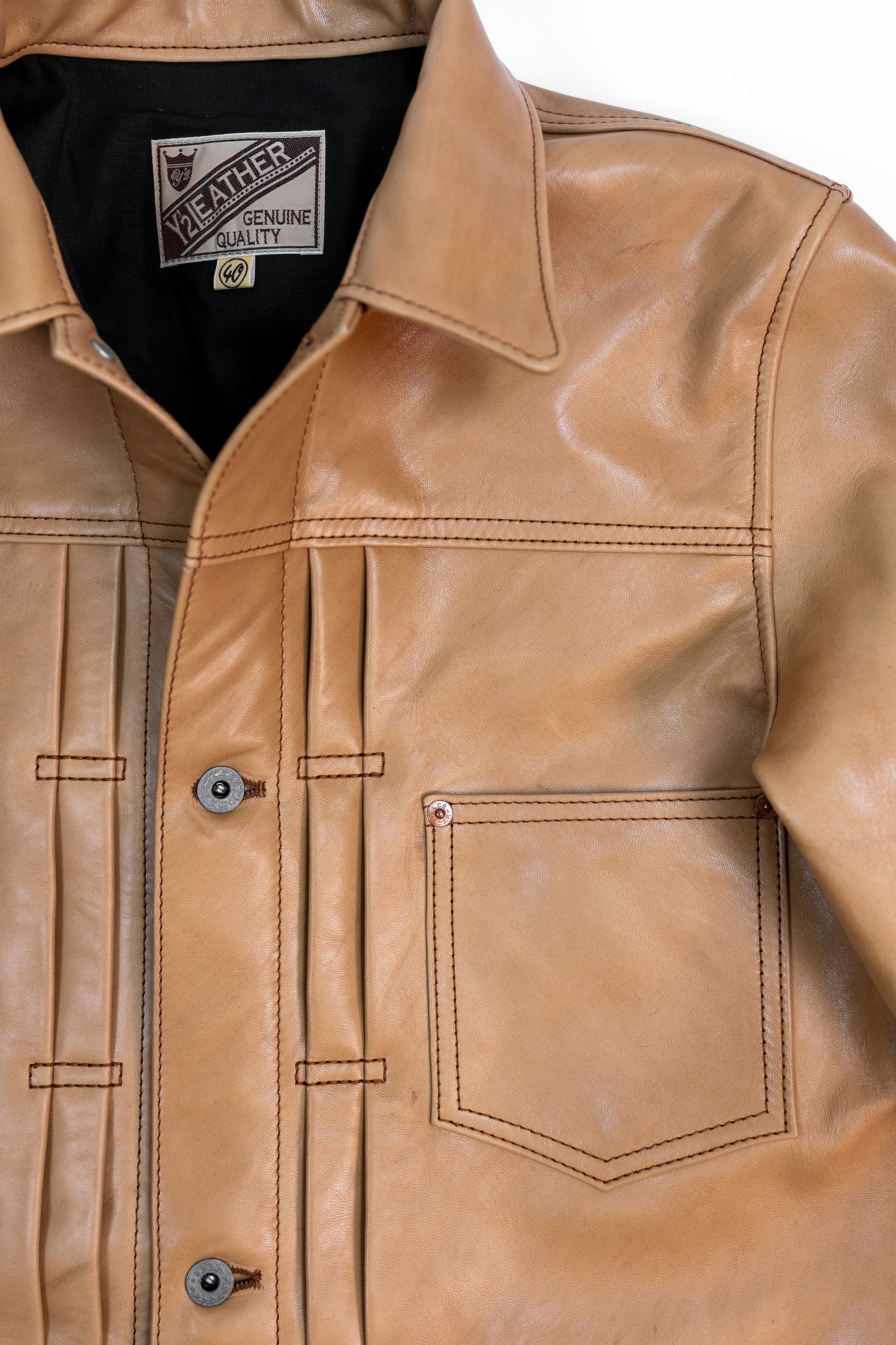 Y'2 persimmon Dyed Leather Jacket- detail of front