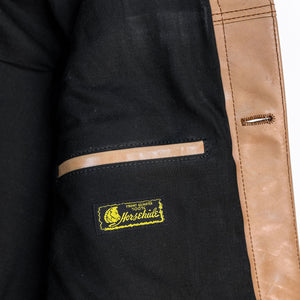 Y'2 persimmon Dyed Leather Jacket- detail of lining and tag