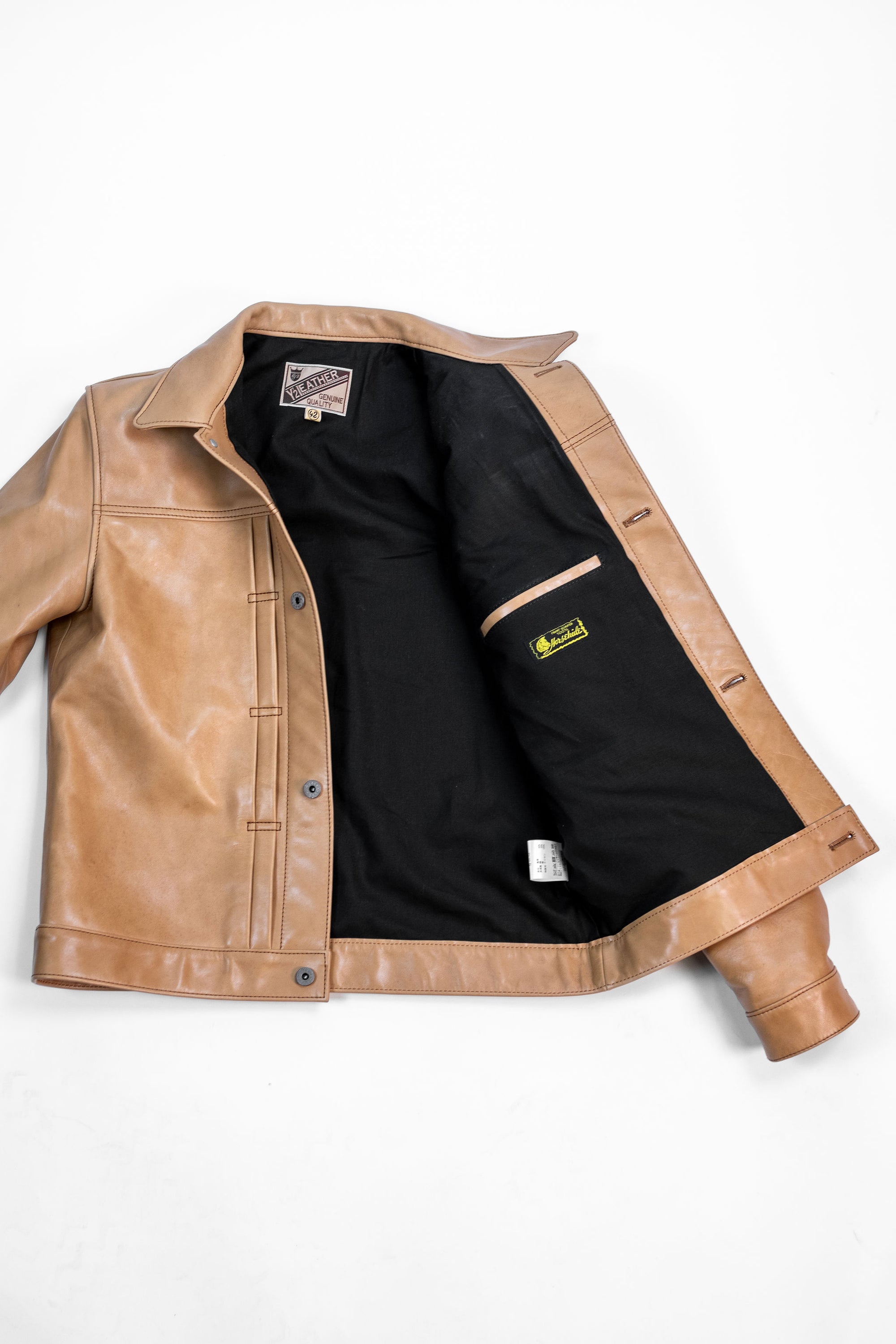 Y'2 persimmon Dyed Leather Jacket- Front view open flat