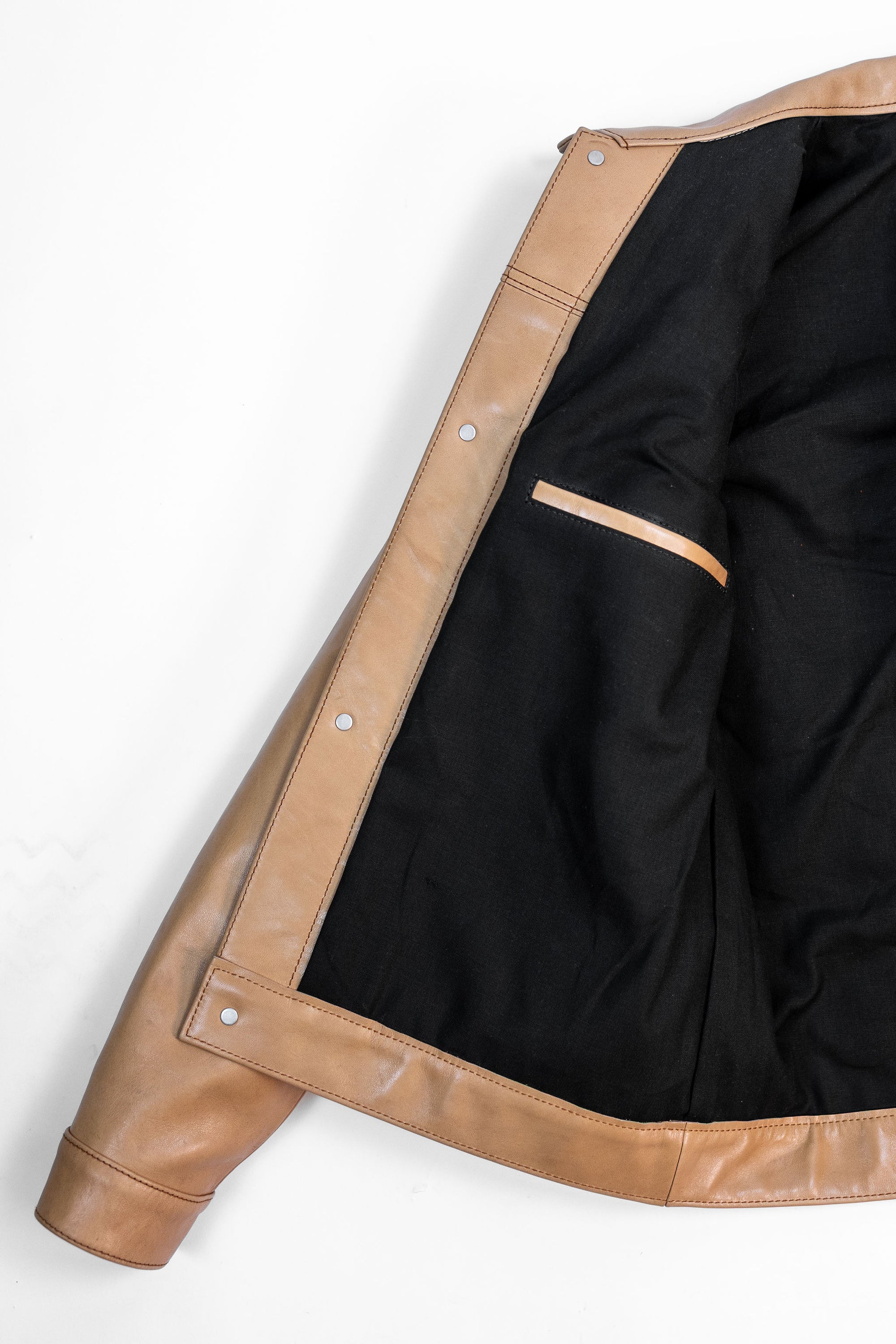 Y'2 persimmon Dyed Leather Jacket- lining detail shot