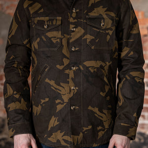 Dehen 1920 Waxed Cotton Crissman - Darkwood Camo Dry Waxed Cotton. on model front profile