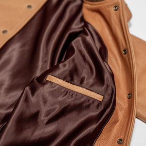 Dehen 1920 All-City Leather Jacket - Rust. close up of inside jacket