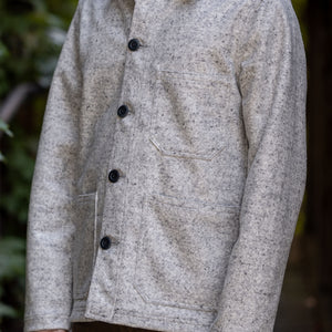 Dehen 1920 Chore Coat - Natural & Navy Heather Wool. on model side profile