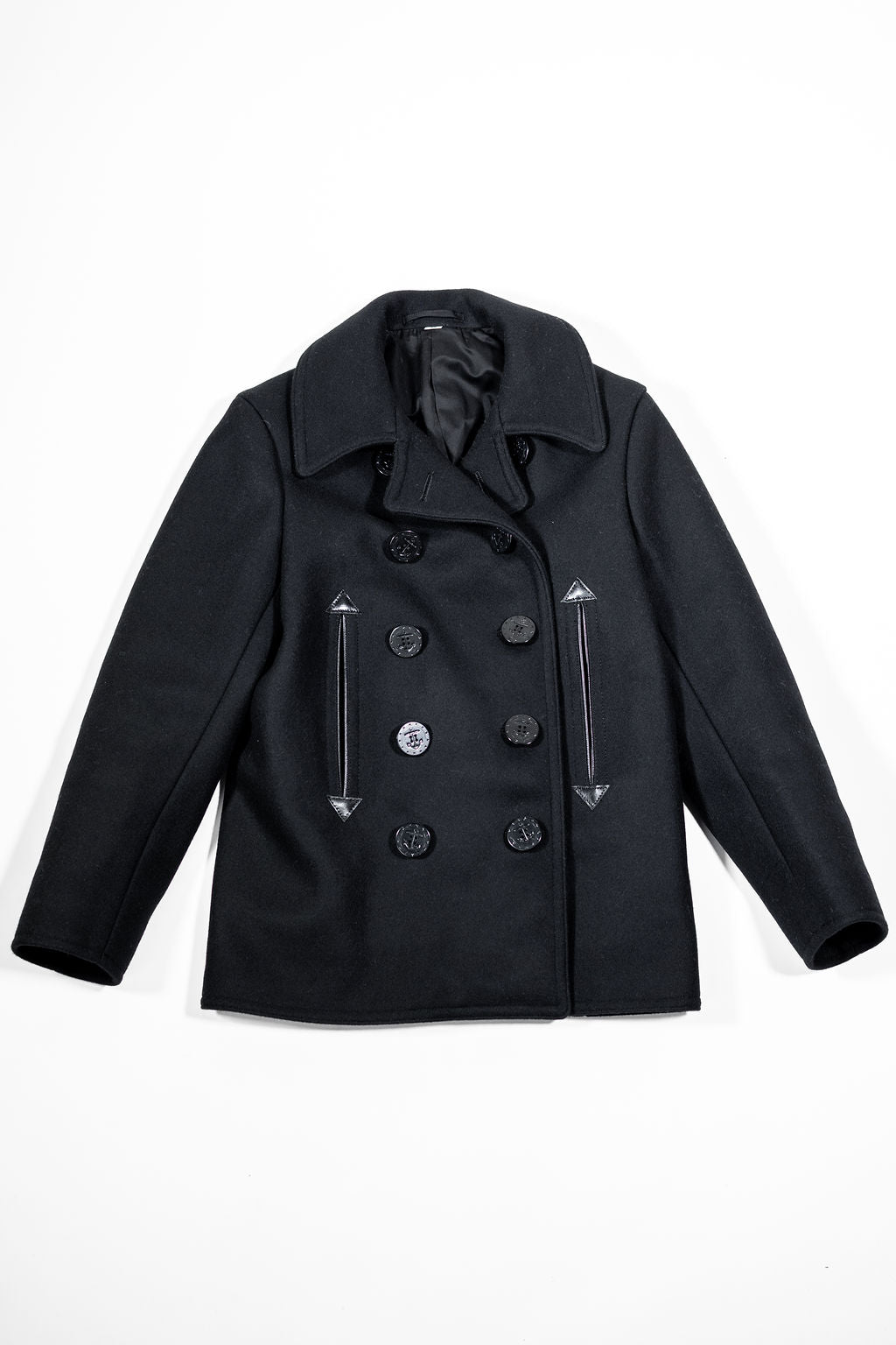 Buzz Rickson's BR12394 William Gibson Collection Black Pea Coat - Laying flat, front view