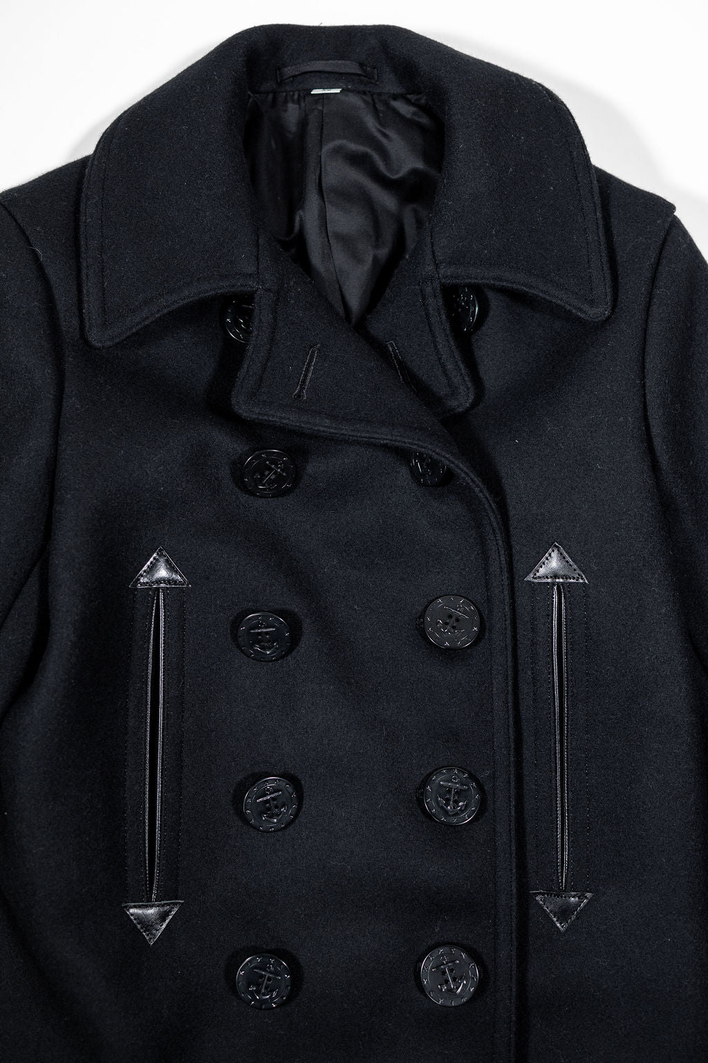 Buzz Rickson's BR12394 William Gibson Collection Black Pea Coat - Laying flat, front view close-up showing front and collar